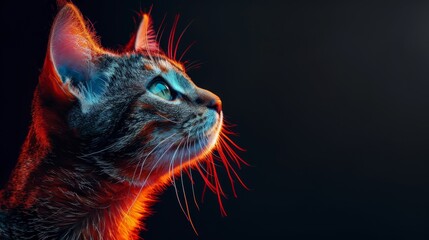 A cat with a glowing blue eye stares at the camera - obrazy, fototapety, plakaty