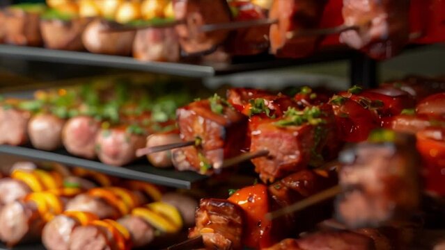 Closeup of colorful skewers stacked high with perfectly charred pieces of steak chicken and sausage ready to be sliced and served at a churrascaria restaurant. .