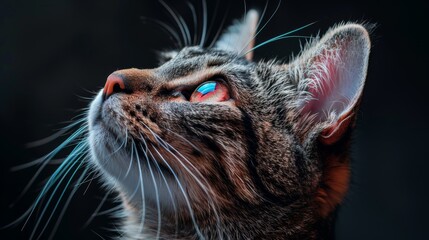 A cat with a blue eye stares at the camera - obrazy, fototapety, plakaty