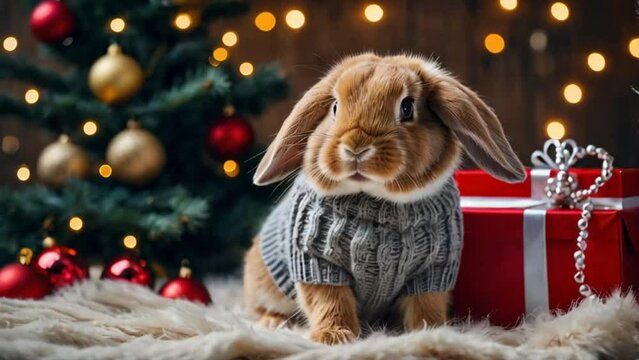 Заголовок: cute bunny in a sweater, Christmas tree, gift boxes decoration

