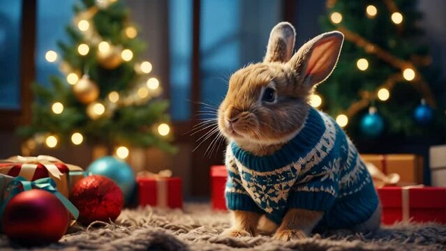 Заголовок: cute bunny in a sweater, Christmas tree, gift boxes decoration


