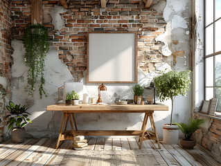 Historical Ambiance: Detailed Village Illustration in Rustic Home Office