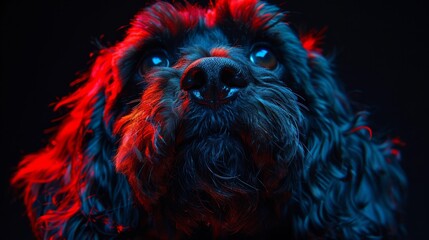 A black dog with a red nose and blue eyes - Powered by Adobe