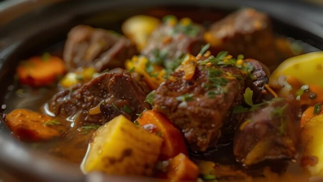 Closeup of a savory tagine dish with tender chunks of lamb and a colorful array of carrots potatoes and preserved lemons simmering in a rich broth infused with fragrant es like cumin .