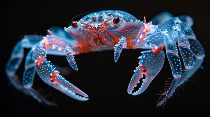 A blue and red crab is shown in a black background