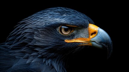A close up of a bird's head with a black and orange beak