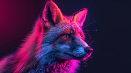 A fox is standing in front of a black background with a pinkish glow