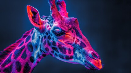 A giraffe with a pink and purple head