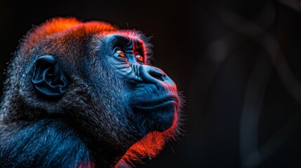 A gorilla with a colorful face is staring at the camera