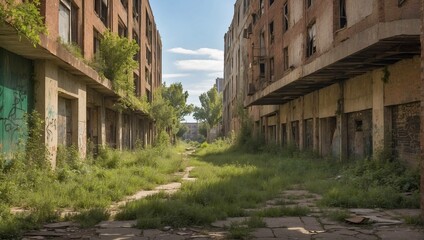 Fototapeta premium A deserted alleyway between crumbling, overgrown buildings. Patches of grass and weeds cover the ground.