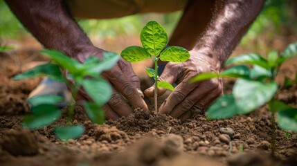 Close-up of hands holding and planting a small sapling in rich soil, emphasizing environmental care and conservation efforts