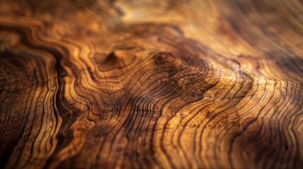 Detailed view of a wooden table top highlighting intricate wood grain patterns and textures under soft lighting