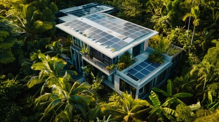 A contemporary house featuring solar panels on the roof surrounded by trees