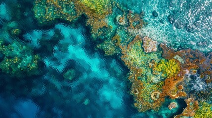 Overview of a vibrant coral reef system with intricate patterns and colors visible from above