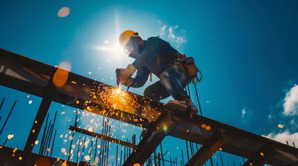 A construction worker welding metal beams together, sparks flying against the backdrop of a busy construction site