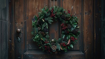 A dark Christmas wreath made from PABTH hanging on a wooden front door