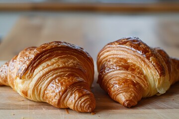 Fototapeta premium Golden Morning Delights: Indulging in Two Freshly Baked Croissants