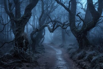 Scary forest tree path fog.