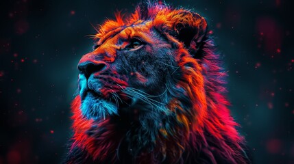 Naklejka premium A colorful lion with a blue and red mane