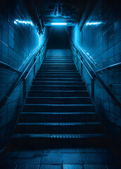 Stairway to the empty with blue neon color background. , Dark atmosphere.