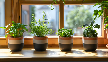 Pots with different plants inside lined up on a window sill