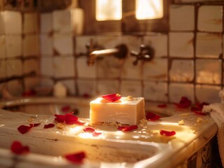 Handmade Soap with Rose Petals in Sunlit Vintage Bathroom