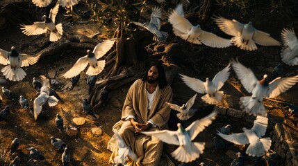 A man is seated on a rock, with numerous birds surrounding him in a natural setting - Powered by Adobe