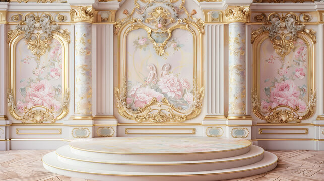 Pastel-colored walls decorated with rococo floral patterns and a decorative podium