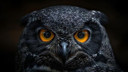 A close up of an owl's face with yellow eyes