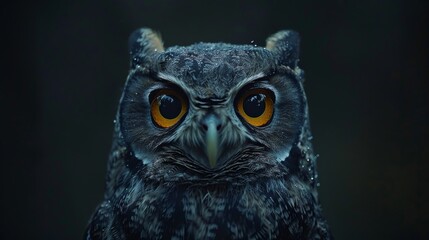 A close up of an owl's face with yellow eyes