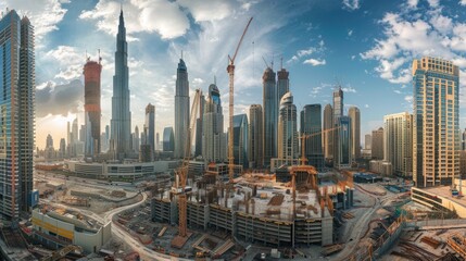A cityscape dominated by tall buildings surrounding a bustling construction site, highlighting the blend of modern and traditional architecture