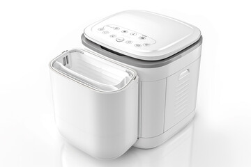 A compact bread maker featuring a white finish and a removable lid for easy cleaning isolated on a solid white background.