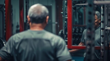 An Asian man standing in front of a gym mirror, observing his form as he lifts weights during a strength training session