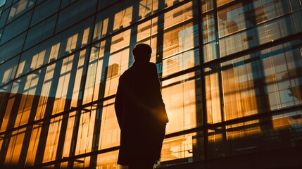 Dynamic power of leadership innovation to succeed a silhouette of CEO businessman standing on front building modern office backgrounds 