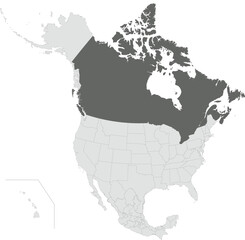 Dark grey detailed blank political map of CANADA with black state borders on transparent background using orthographic projection of the light grey North American continent