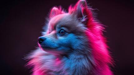 A dog with pink hair and blue eyes stands in front of a dark background