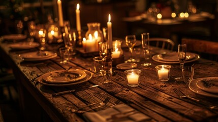 A wooden table set for a cozy dinner with plates, cutlery, and various candles creating a warm atmosphere