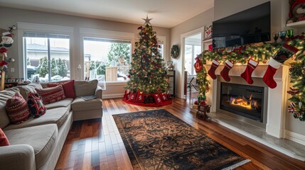 A cozy living room filled with furniture, featuring a fireplace as the focal point. The room is decorated for Christmas
