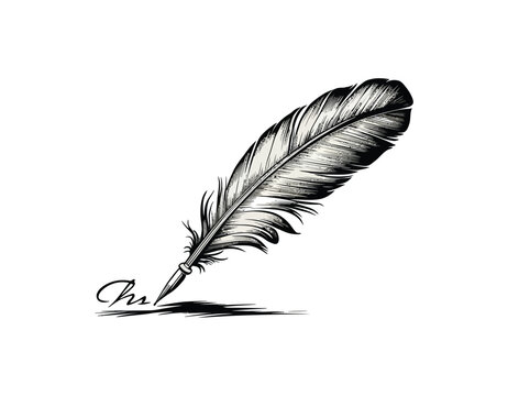 An original illustration of a feather quill pen in a vintage woodblock style