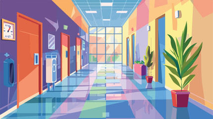 Colorful school corridor with window doors 