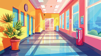 Colorful school corridor with window doors  - obrazy, fototapety, plakaty