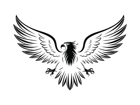 Cartoon bald American eagle mascot swooping with claws out and wings outstretched. Four color version with only brown, light gray, yellow and black