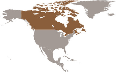 Dark brown detailed blank political map of CANADA on transparent background using orthographic projection of the light brown North American continent