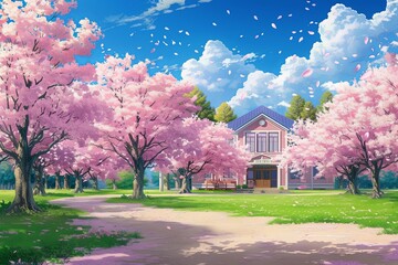 Cherry Blossom Schoolhouse: Anime Spring Under Sunny Skies