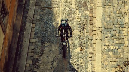 A man ride a bike down a street next to a tall brick wall - Powered by Adobe