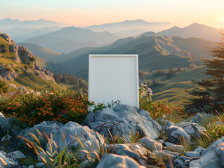 Summit Serenity: White Frame Mockup Rests Against Boulder on Mountain Peak - obrazy, fototapety, plakaty