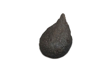 Spindle shape of tektite natural stone meteorite  specimen isolated on white background. Breast...