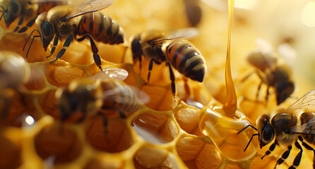 A close-up shot of bees gathering honey from the beehive, showcasing their furry bodies and fine wings as they work together to create delicious honey