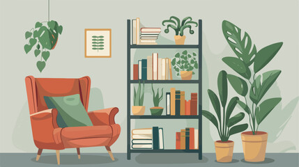 Comfortable chair bookcase and house plants. Vector f
