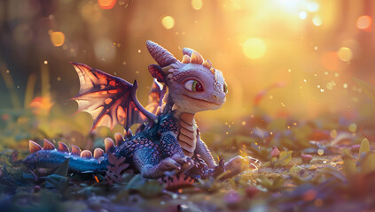 A baby dragon with wings sits on the ground in an enchanted forest at sunset